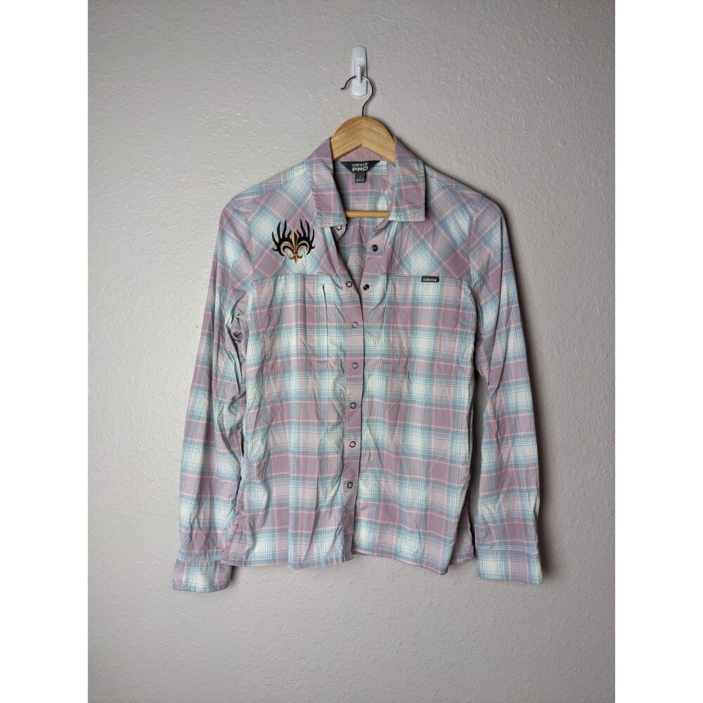 Orvis PRO Shirt‎ Womens Small Plaid Long Sleeve Pink Blue